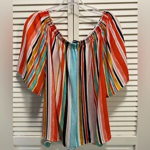 Mossimo Striped Elastic Boat Neck Wide Flutter Short Sleeve Size L Off Shoulder‎